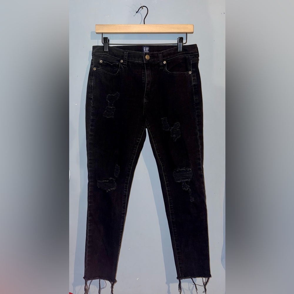 GAP Black Distressed Skinny Jeans Size 30 True Skinny Raw Hem Stretch